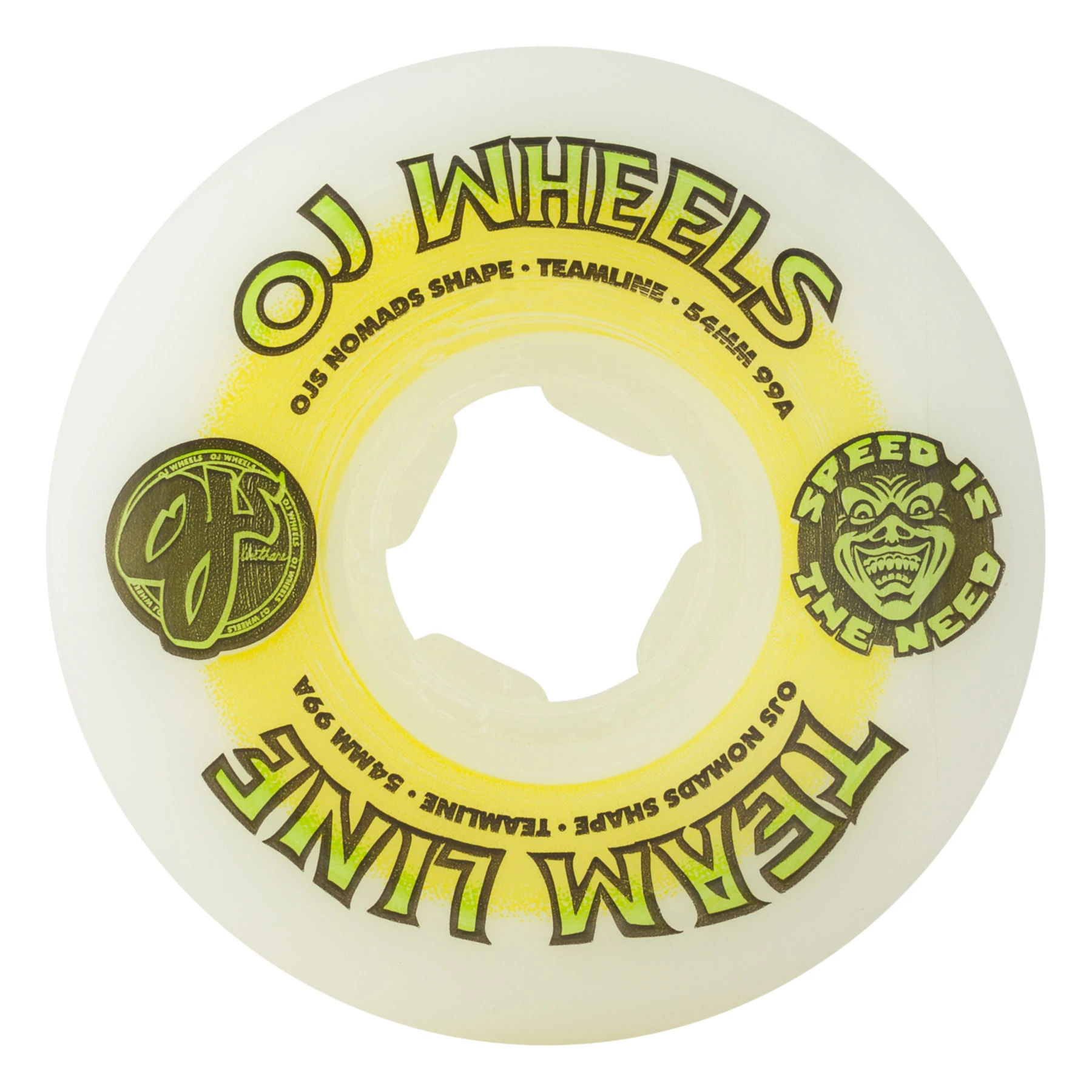 OJ Team Line Original White Yellow/Green Hardline 99 a Skateborard Wheels 54mm